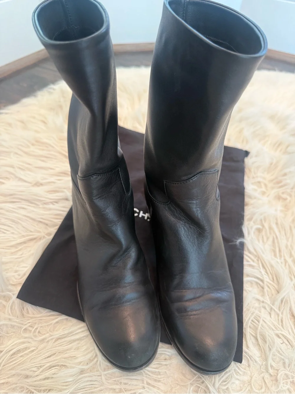 CHANEL Black Leather Mid-Calf Block Heel Boots